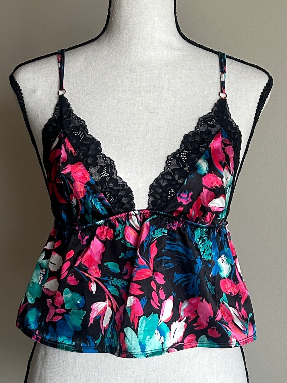 La SENZA Black Satin Floral Lace-Trim Cami - Pink & Teal Accents